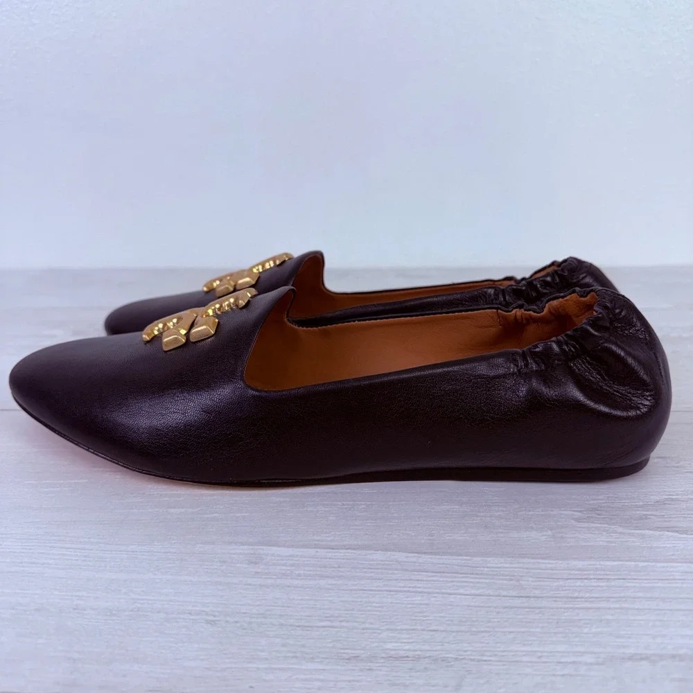 Tory Burch Eleanor Loafers Flats‎ Size 11 Black Leather Gold Logo Classic Chic